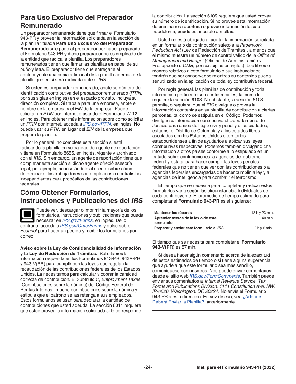Instrucciones para IRS Formulario 943-PR Planilla Para La Declaracion Anual De La Contribucion Federal Del Patrono De Empleados Agricolas (Puerto Rican Spanish), Page 24