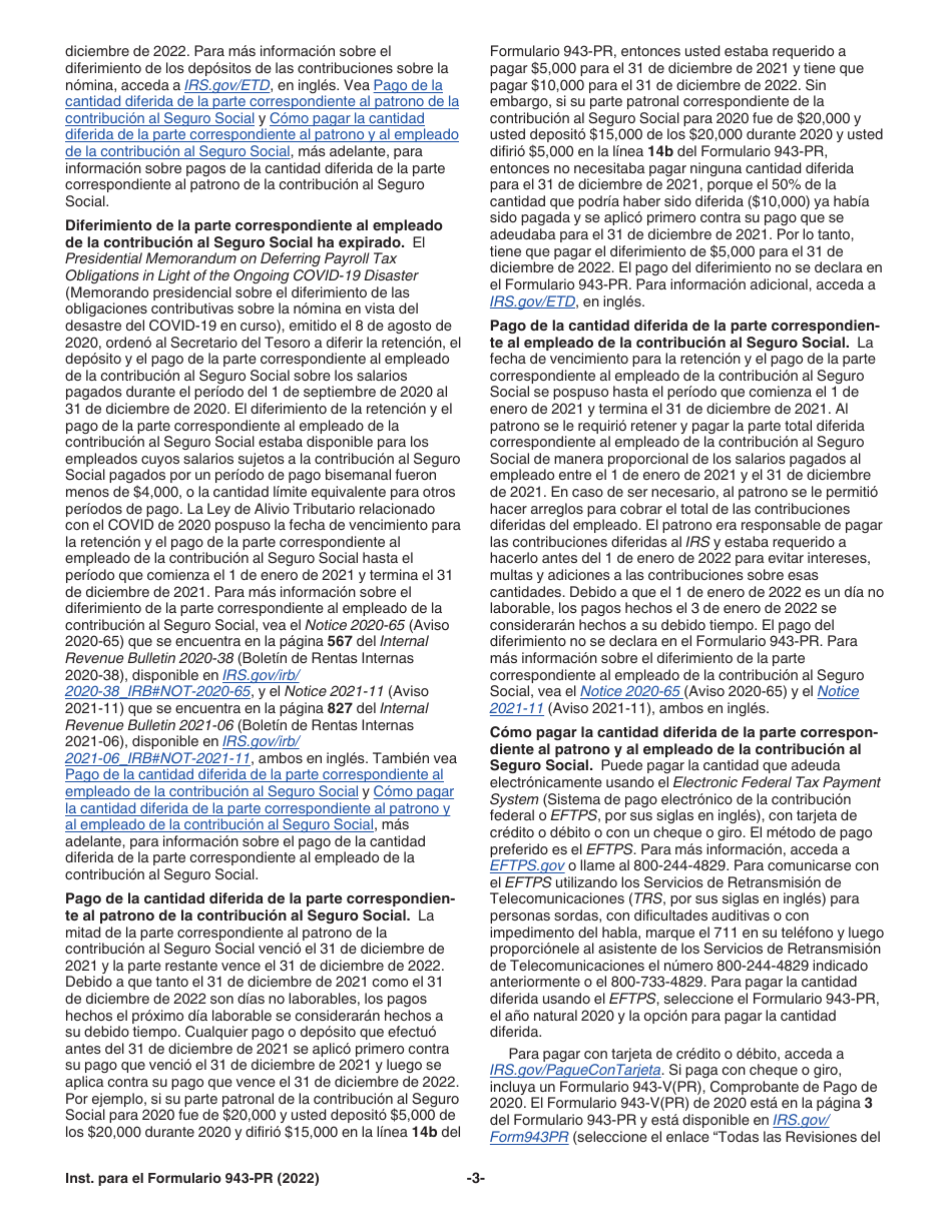 Instrucciones para IRS Formulario 943-PR Planilla Para La Declaracion Anual De La Contribucion Federal Del Patrono De Empleados Agricolas (Puerto Rican Spanish), Page 3