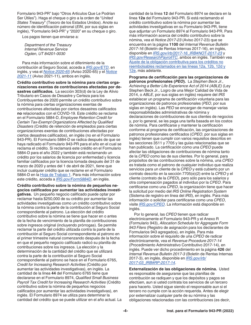 Instrucciones para IRS Formulario 943-PR Planilla Para La Declaracion Anual De La Contribucion Federal Del Patrono De Empleados Agricolas (Puerto Rican Spanish), Page 4