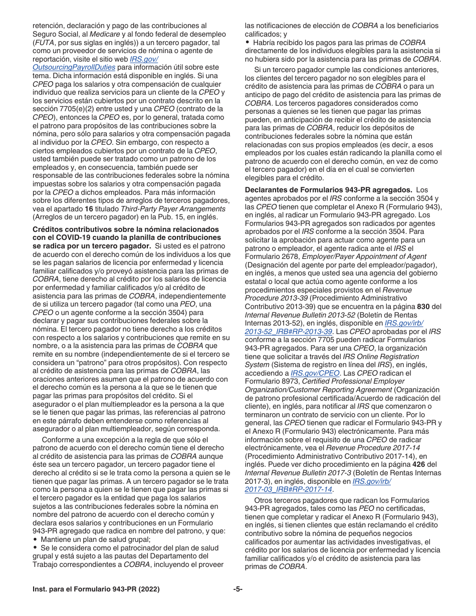 Instrucciones para IRS Formulario 943-PR Planilla Para La Declaracion Anual De La Contribucion Federal Del Patrono De Empleados Agricolas (Puerto Rican Spanish), Page 5