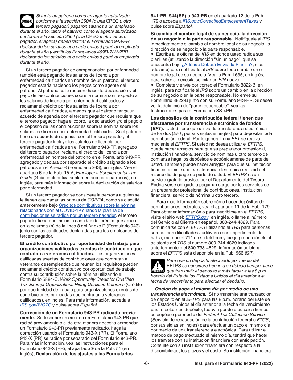 Instrucciones para IRS Formulario 943-PR Planilla Para La Declaracion Anual De La Contribucion Federal Del Patrono De Empleados Agricolas (Puerto Rican Spanish), Page 6