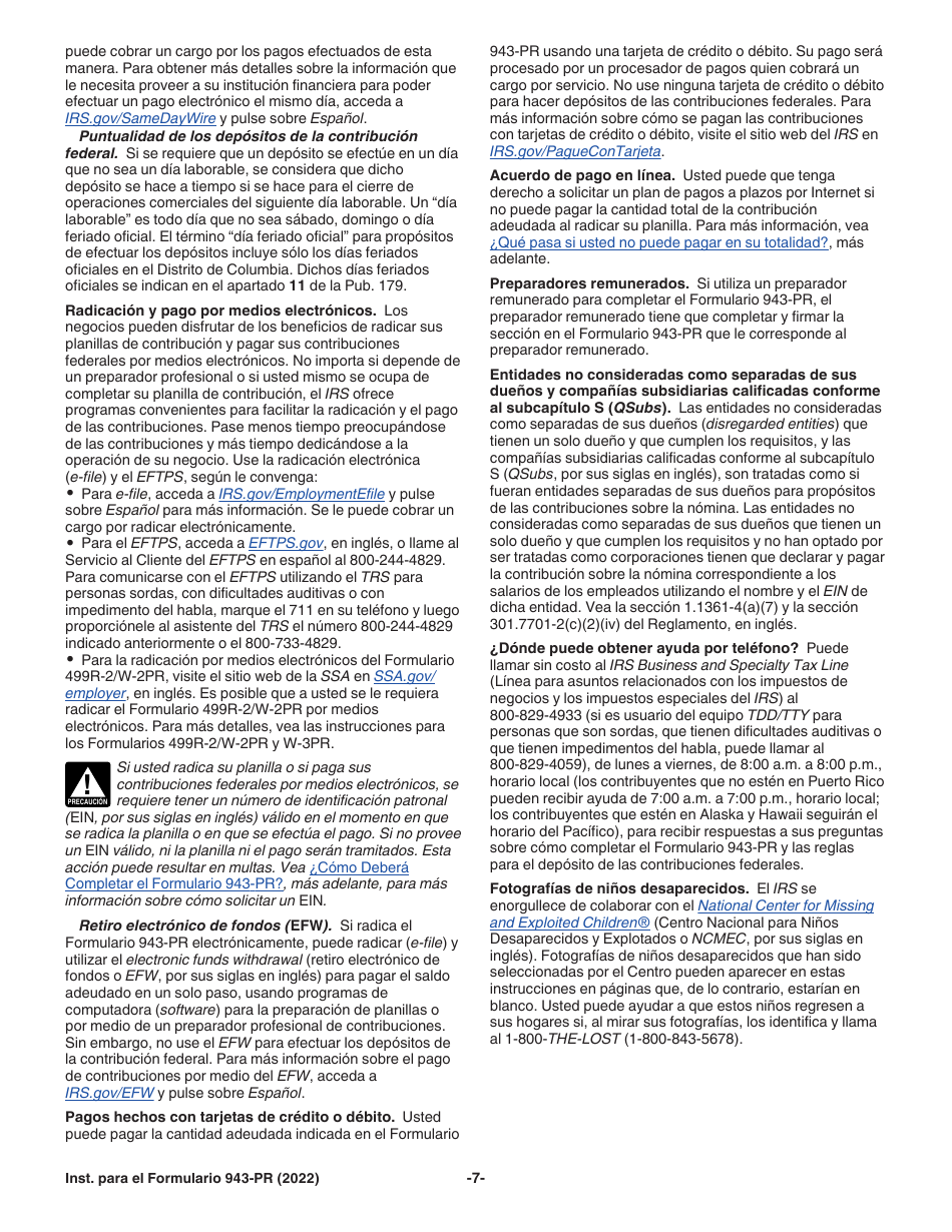 Instrucciones para IRS Formulario 943-PR Planilla Para La Declaracion Anual De La Contribucion Federal Del Patrono De Empleados Agricolas (Puerto Rican Spanish), Page 7