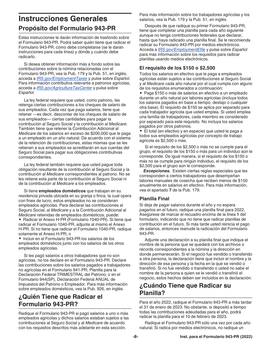 Instrucciones para IRS Formulario 943-PR Planilla Para La Declaracion Anual De La Contribucion Federal Del Patrono De Empleados Agricolas (Puerto Rican Spanish), Page 8