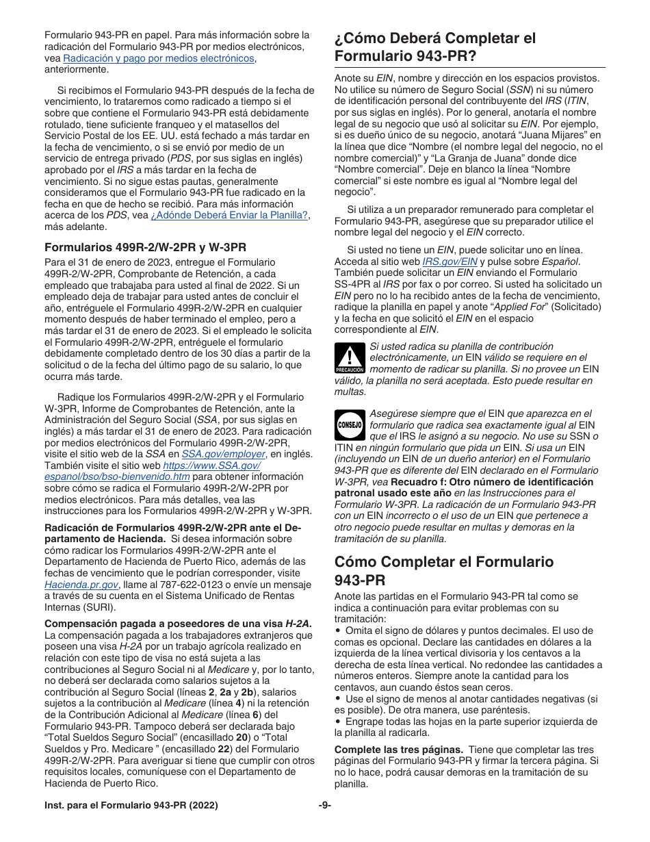 Instrucciones para IRS Formulario 943-PR Planilla Para La Declaracion Anual De La Contribucion Federal Del Patrono De Empleados Agricolas (Puerto Rican Spanish), Page 9