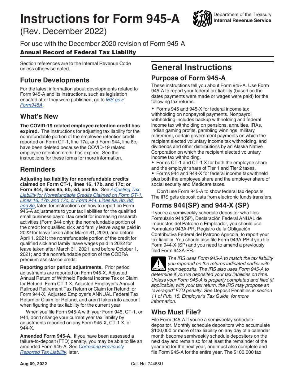 Instructions for IRS Form 945-A Annual Record of Federal Tax Liability, Page 1