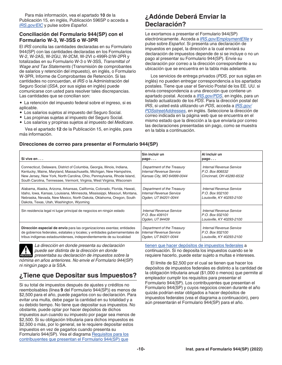 Instrucciones para IRS Formulario 944(SP) Declaracion Federal Anual De Impuestos Del Patrono O Empleador (Spanish), Page 10