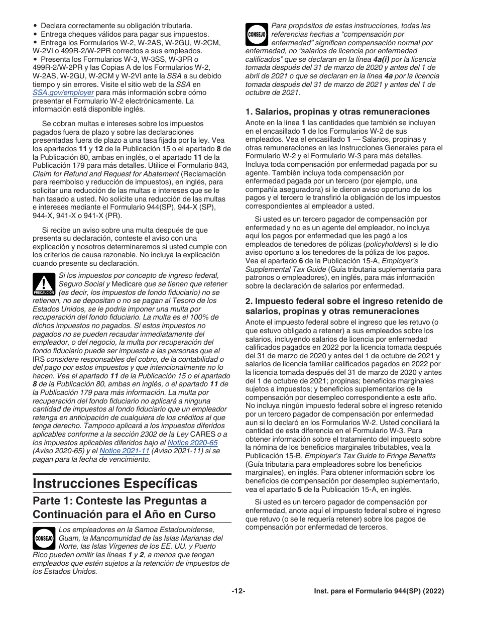 Instrucciones para IRS Formulario 944(SP) Declaracion Federal Anual De Impuestos Del Patrono O Empleador (Spanish), Page 12