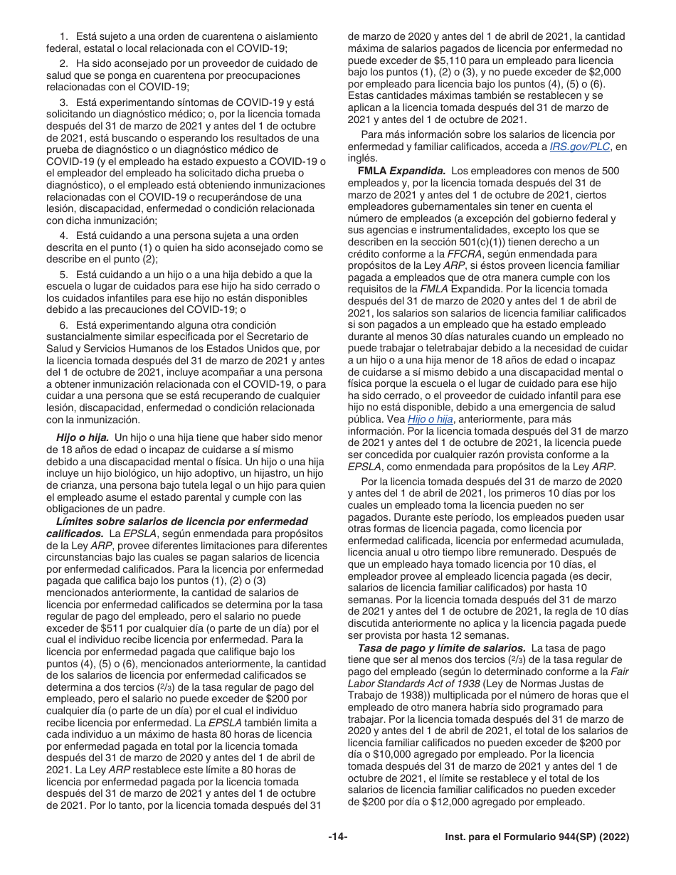 Instrucciones para IRS Formulario 944(SP) Declaracion Federal Anual De Impuestos Del Patrono O Empleador (Spanish), Page 14