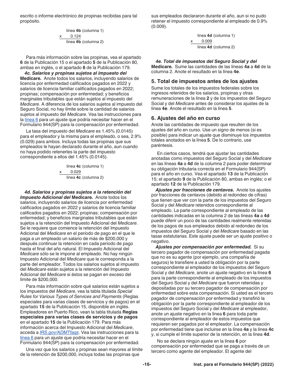 Instrucciones para IRS Formulario 944(SP) Declaracion Federal Anual De Impuestos Del Patrono O Empleador (Spanish), Page 16