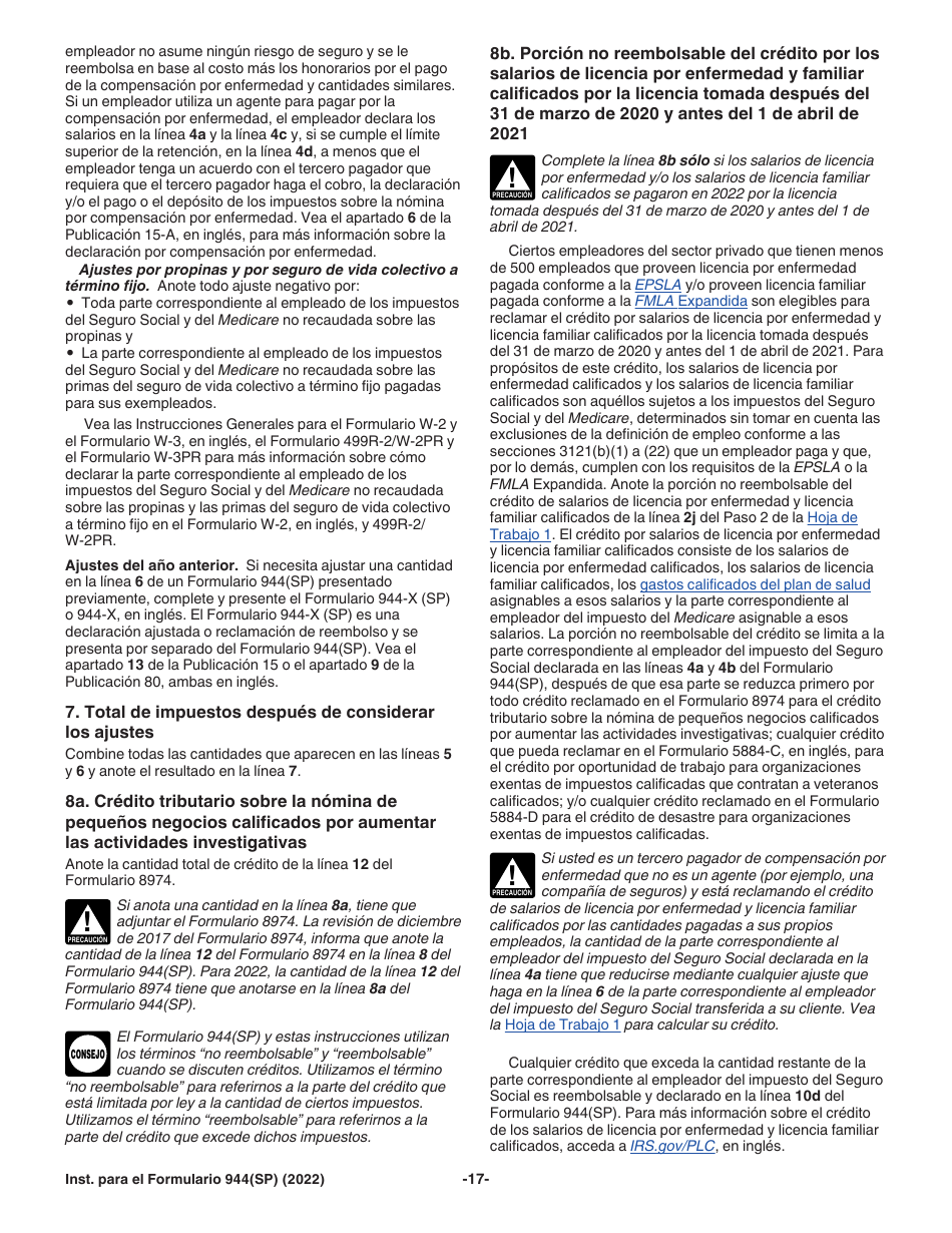 Instrucciones para IRS Formulario 944(SP) Declaracion Federal Anual De Impuestos Del Patrono O Empleador (Spanish), Page 17