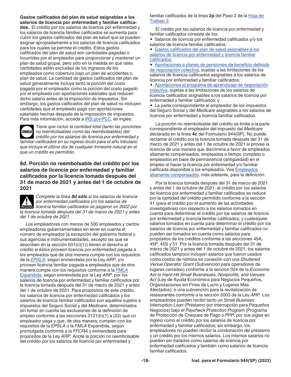 Instrucciones para IRS Formulario 944(SP) Declaracion Federal Anual De Impuestos Del Patrono O Empleador (Spanish), Page 18