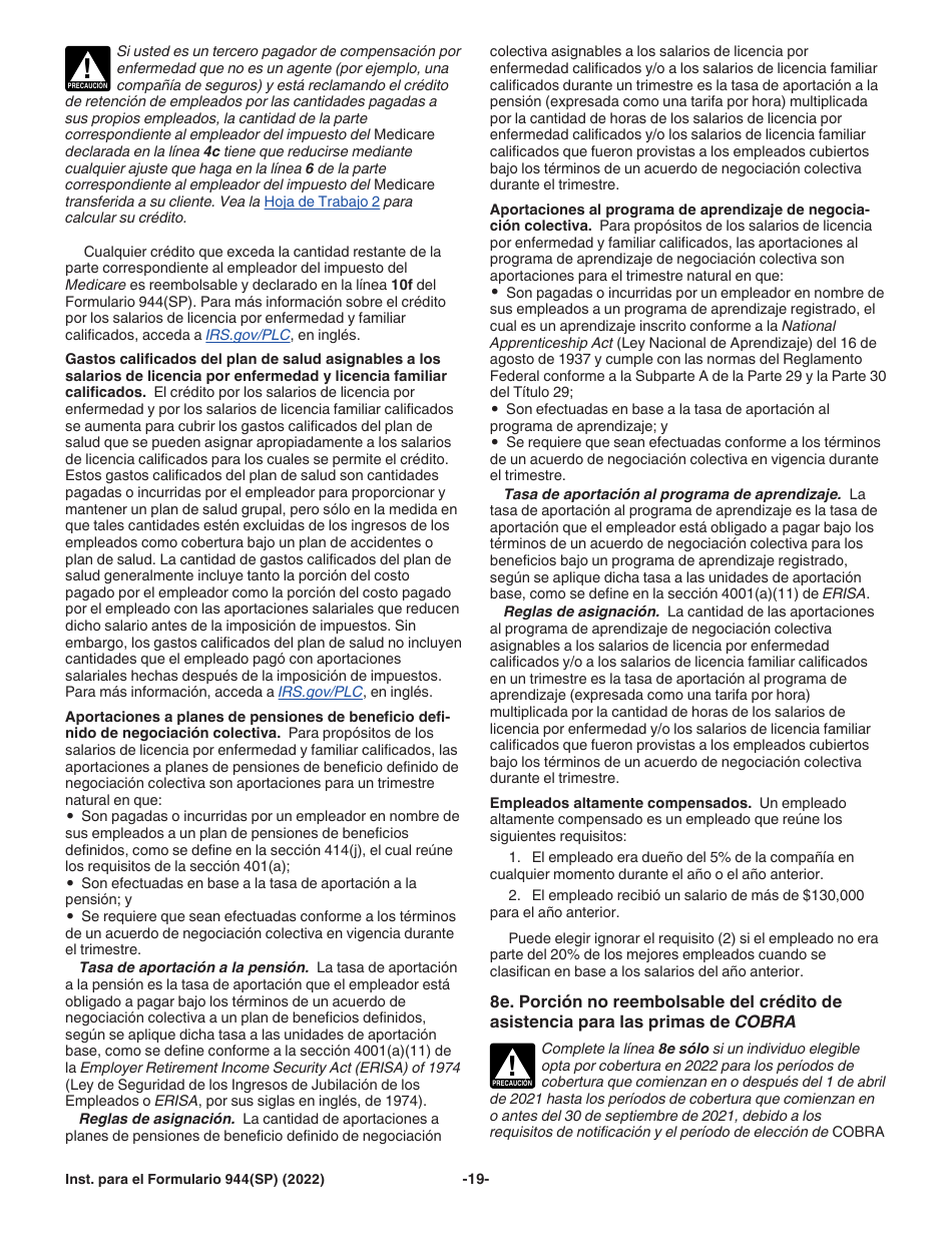 Instrucciones para IRS Formulario 944(SP) Declaracion Federal Anual De Impuestos Del Patrono O Empleador (Spanish), Page 19