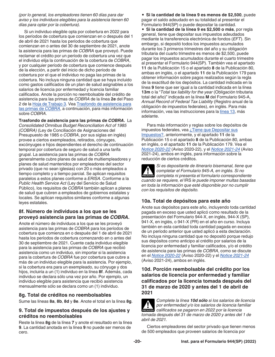 Instrucciones para IRS Formulario 944(SP) Declaracion Federal Anual De Impuestos Del Patrono O Empleador (Spanish), Page 20