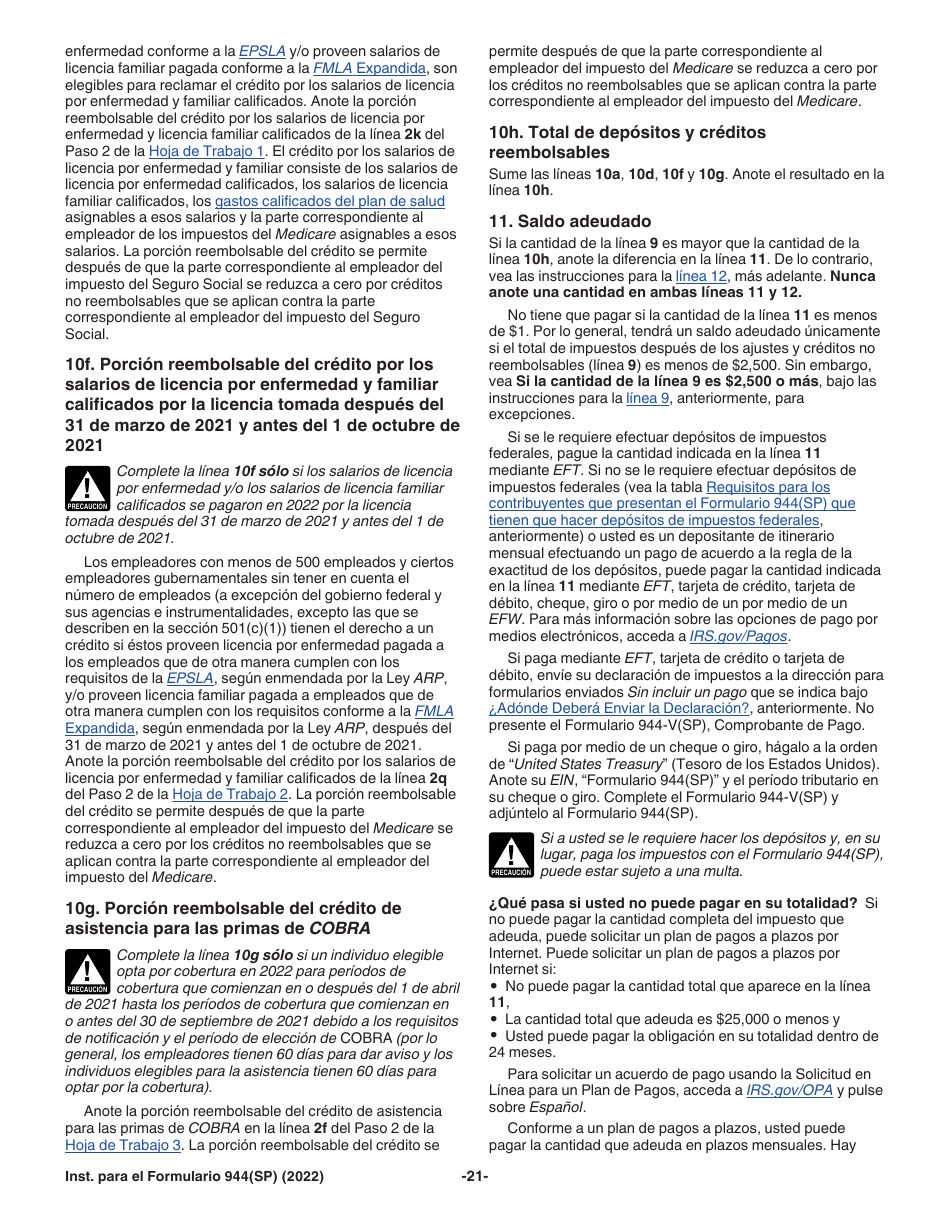 Instrucciones para IRS Formulario 944(SP) Declaracion Federal Anual De Impuestos Del Patrono O Empleador (Spanish), Page 21