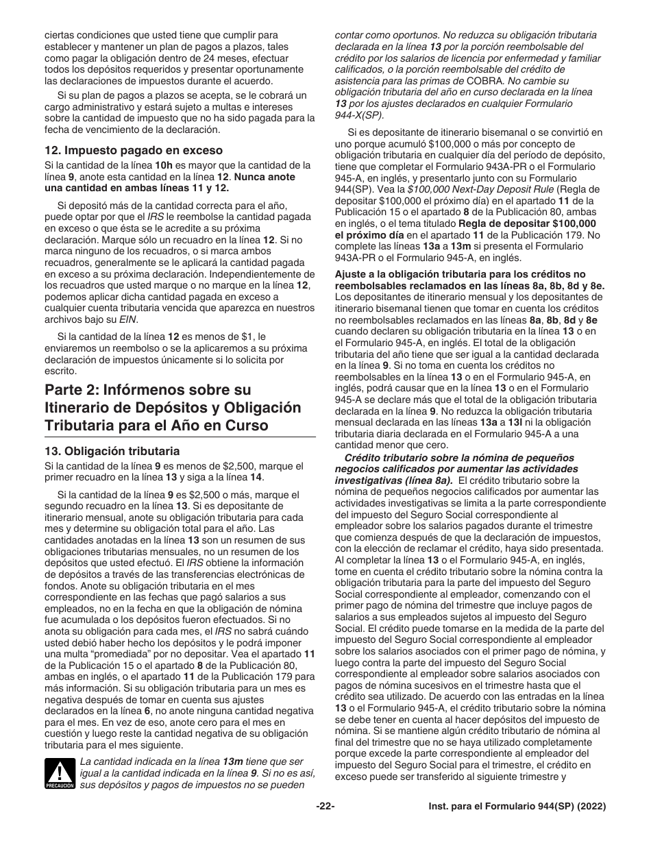 Instrucciones para IRS Formulario 944(SP) Declaracion Federal Anual De Impuestos Del Patrono O Empleador (Spanish), Page 22