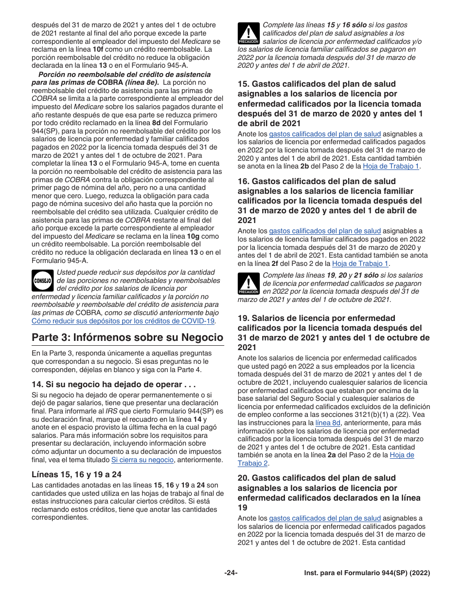 Instrucciones para IRS Formulario 944(SP) Declaracion Federal Anual De Impuestos Del Patrono O Empleador (Spanish), Page 24