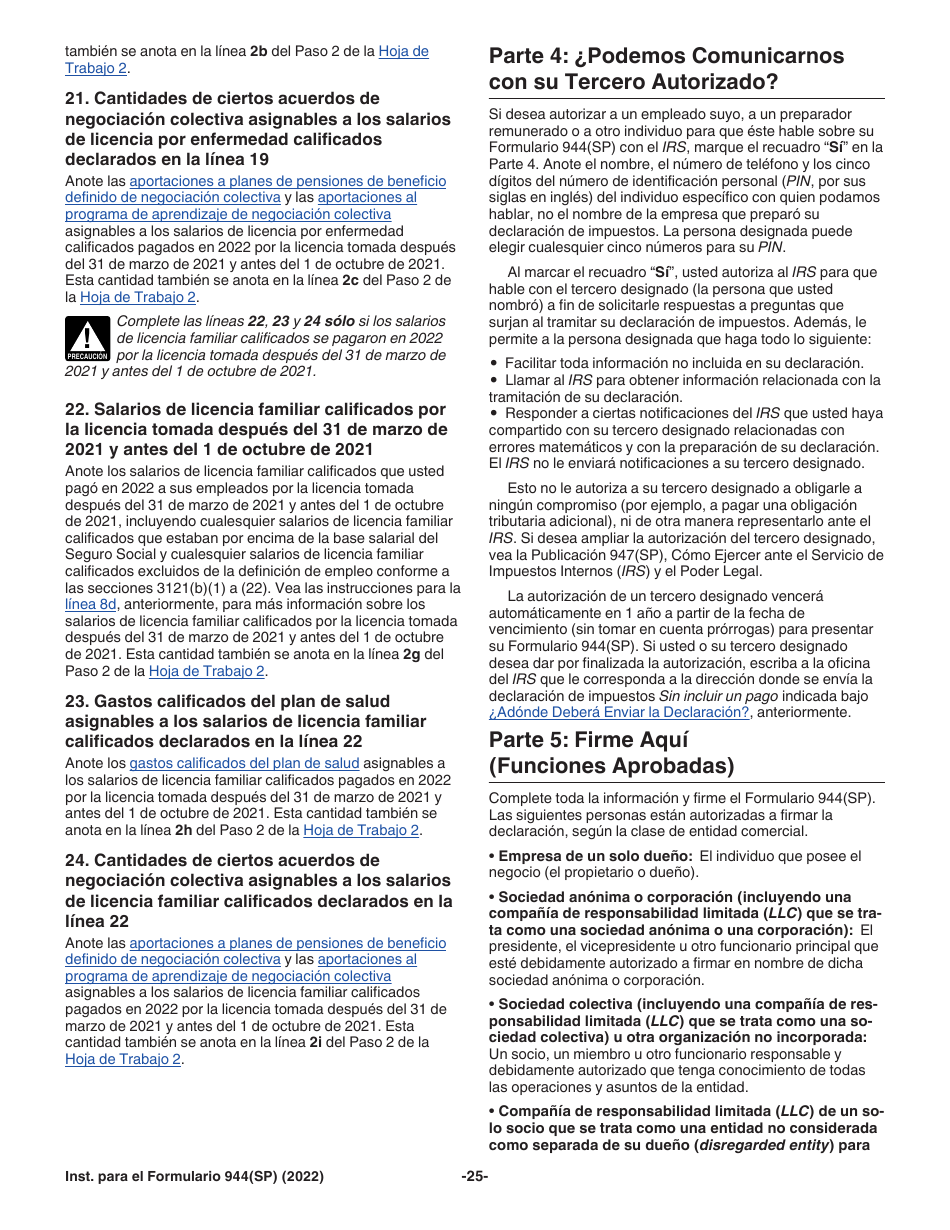 Instrucciones para IRS Formulario 944(SP) Declaracion Federal Anual De Impuestos Del Patrono O Empleador (Spanish), Page 25