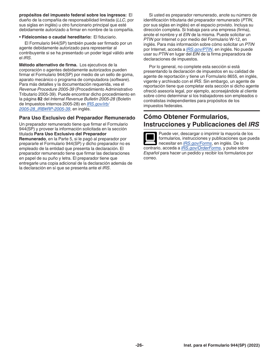 Instrucciones para IRS Formulario 944(SP) Declaracion Federal Anual De Impuestos Del Patrono O Empleador (Spanish), Page 26