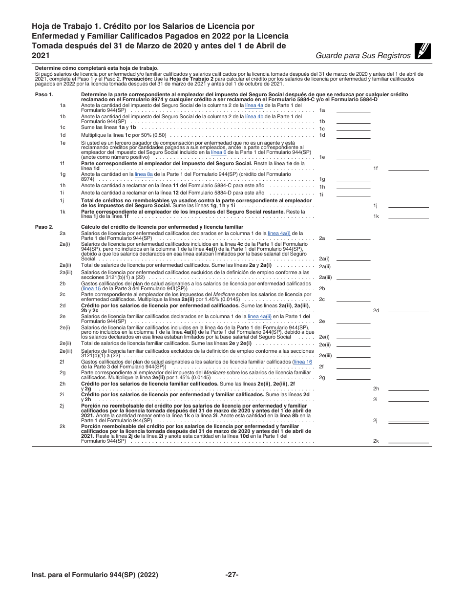 Instrucciones para IRS Formulario 944(SP) Declaracion Federal Anual De Impuestos Del Patrono O Empleador (Spanish), Page 27