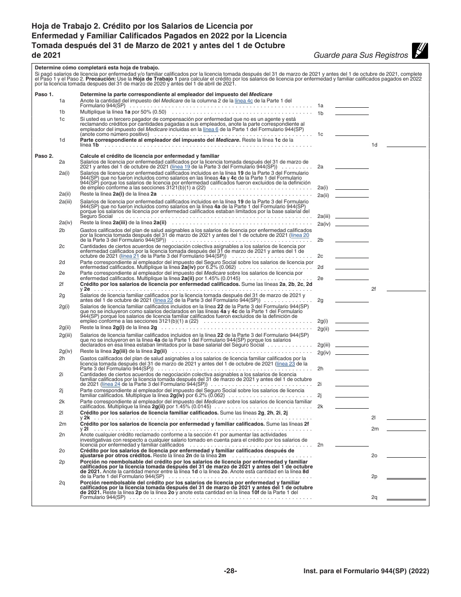 Instrucciones para IRS Formulario 944(SP) Declaracion Federal Anual De Impuestos Del Patrono O Empleador (Spanish), Page 28