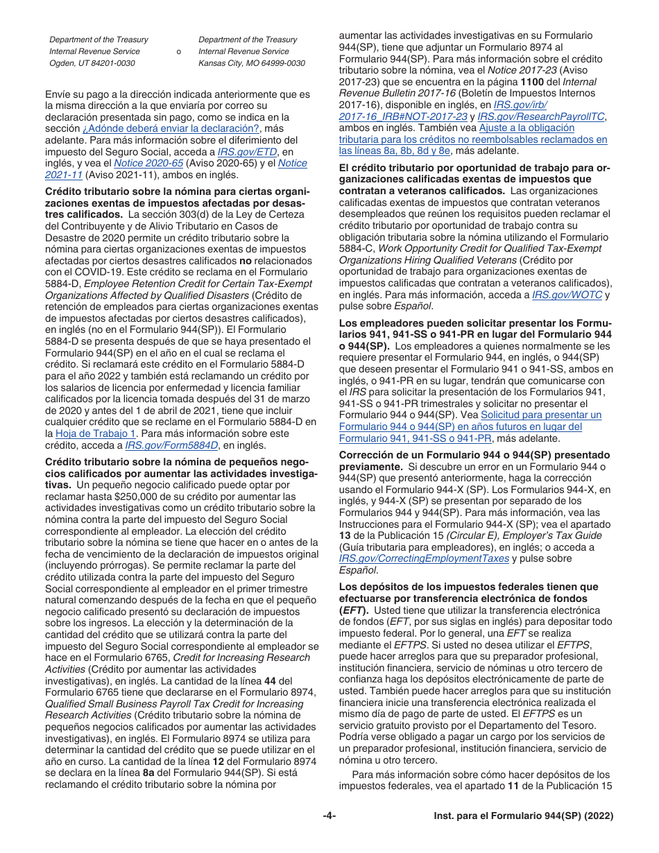 Instrucciones para IRS Formulario 944(SP) Declaracion Federal Anual De Impuestos Del Patrono O Empleador (Spanish), Page 4