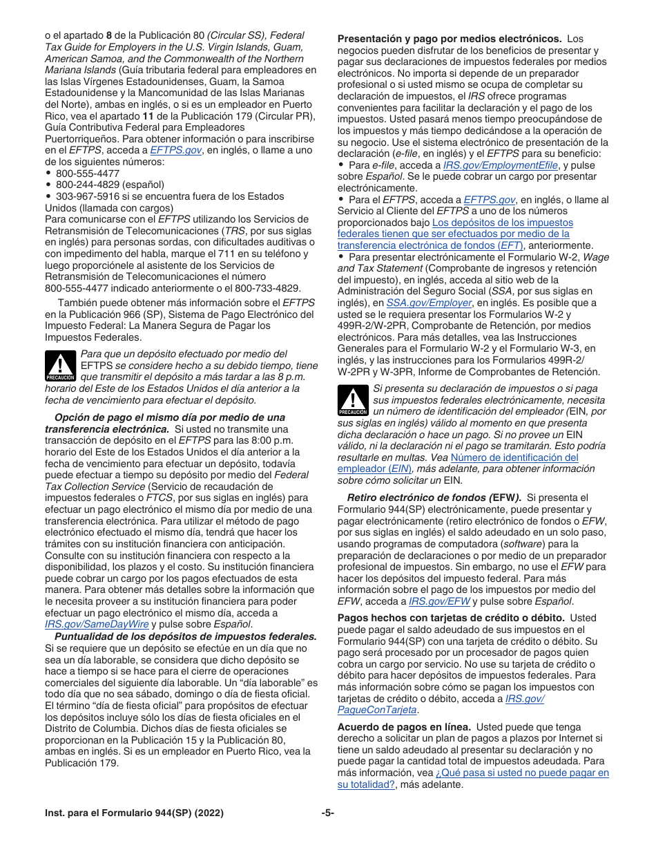 Instrucciones para IRS Formulario 944(SP) Declaracion Federal Anual De Impuestos Del Patrono O Empleador (Spanish), Page 5