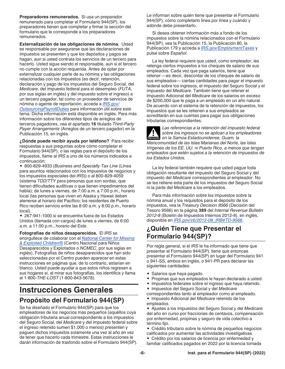 Instrucciones para IRS Formulario 944(SP) Declaracion Federal Anual De Impuestos Del Patrono O Empleador (Spanish), Page 6