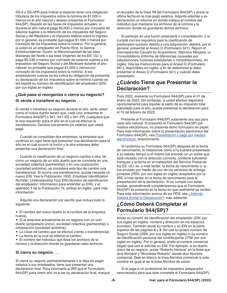 Instrucciones para IRS Formulario 944(SP) Declaracion Federal Anual De Impuestos Del Patrono O Empleador (Spanish), Page 8