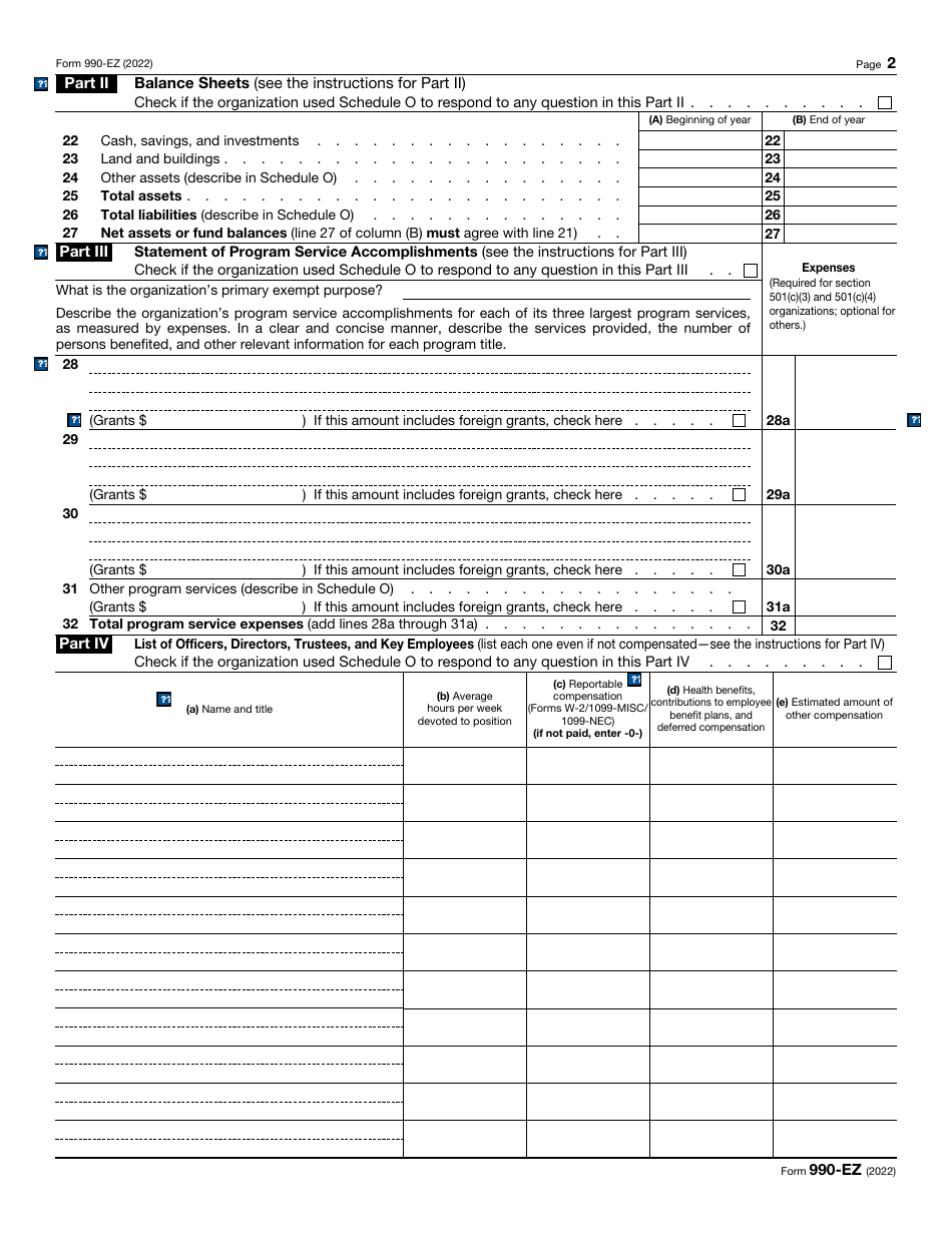 IRS Form 990-EZ Short Form Return of Organization Exempt From Income Tax, Page 2