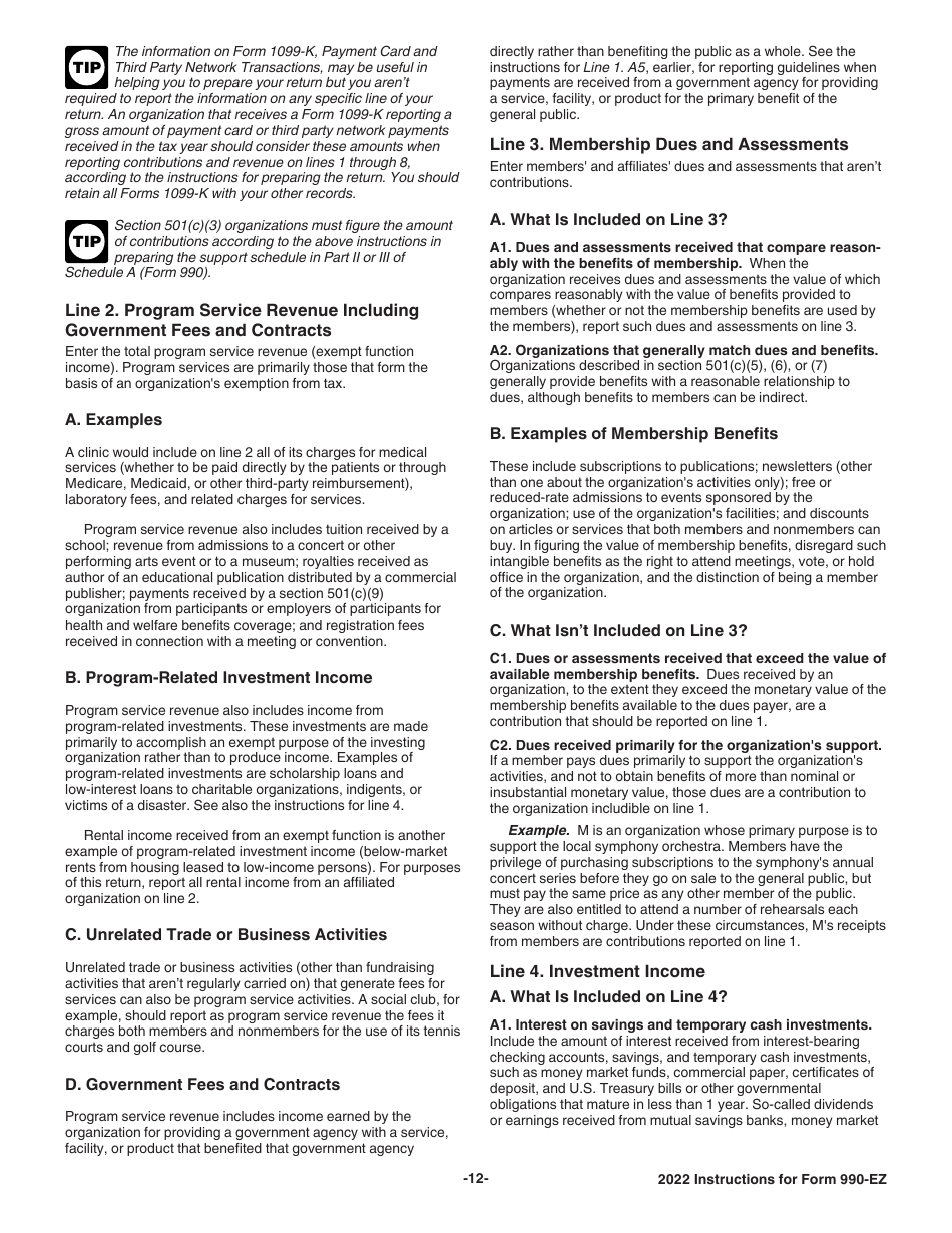 Instructions for IRS Form 990-EZ Short Form Return of Organization Exempt From Income Tax, Page 12