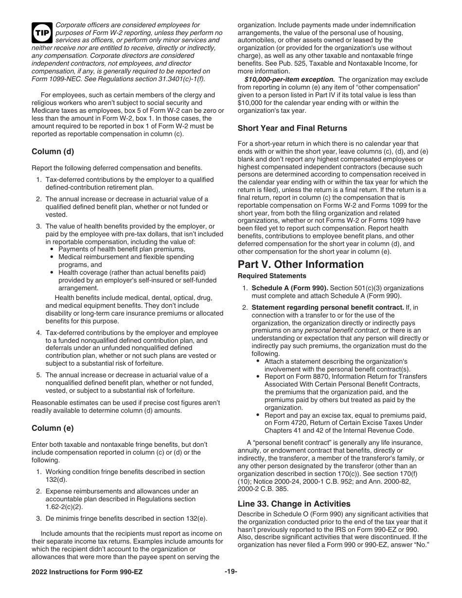 Instructions for IRS Form 990-EZ Short Form Return of Organization Exempt From Income Tax, Page 19