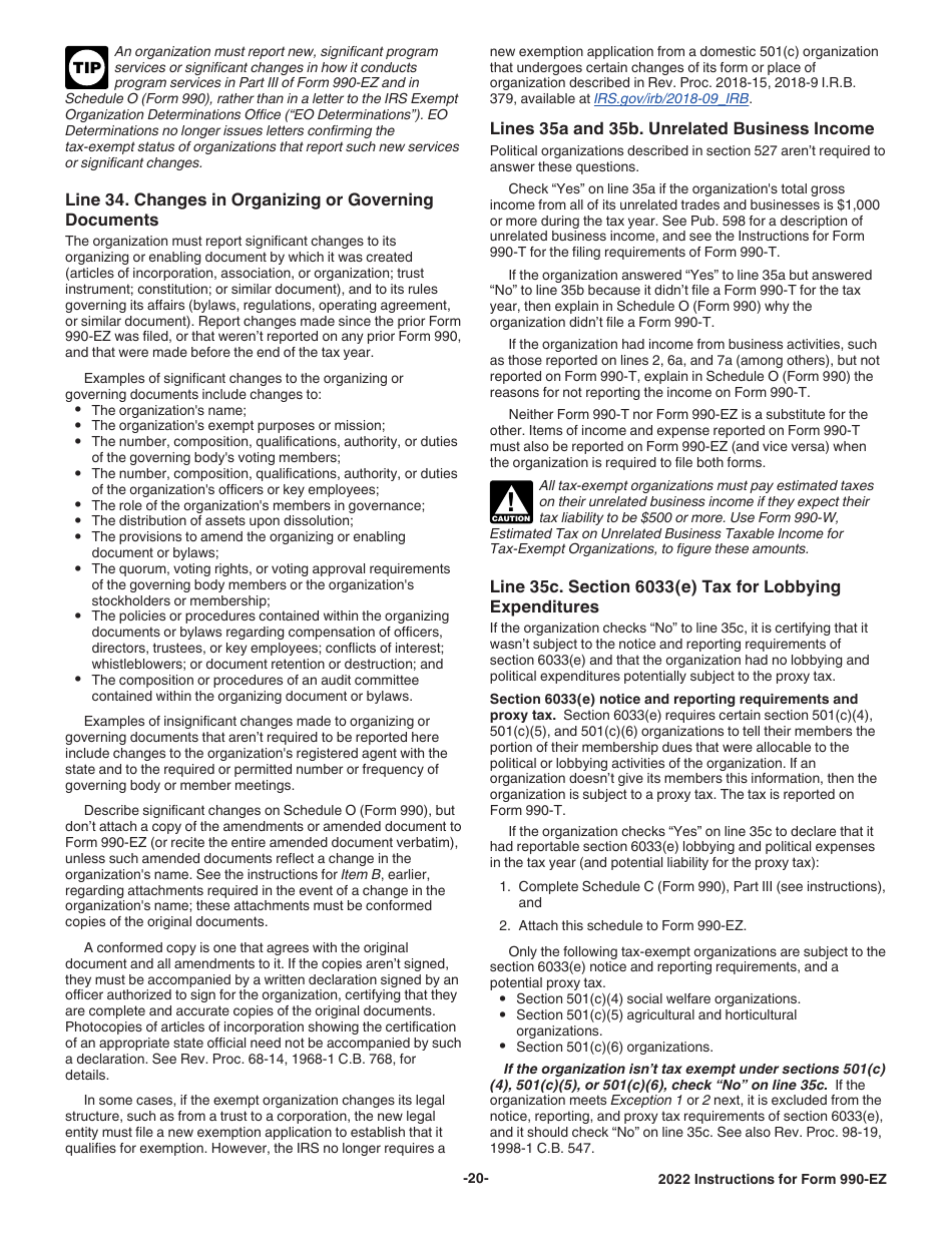 Instructions for IRS Form 990-EZ Short Form Return of Organization Exempt From Income Tax, Page 20