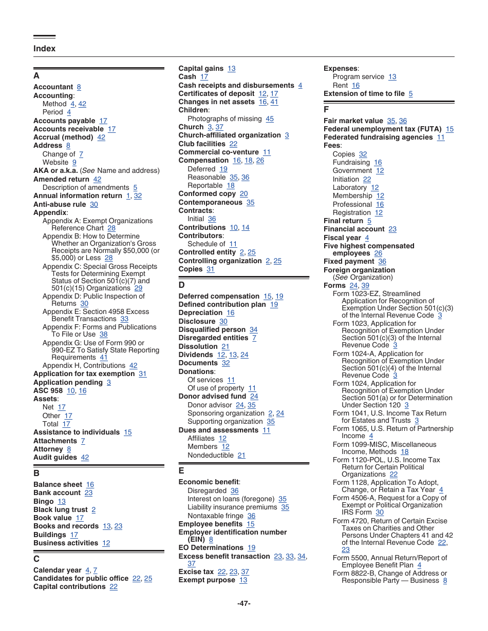 Instructions for IRS Form 990-EZ Short Form Return of Organization Exempt From Income Tax, Page 47