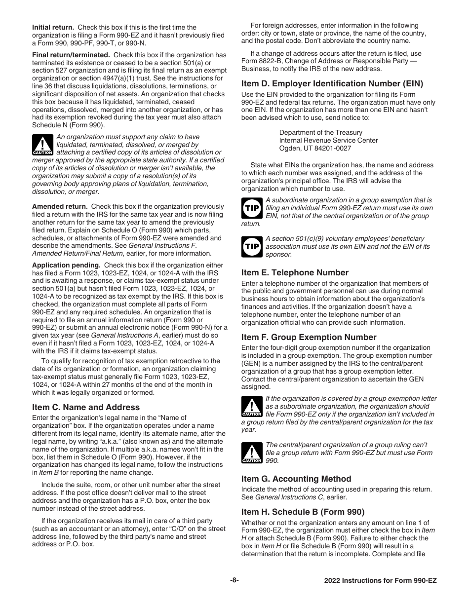 Instructions for IRS Form 990-EZ Short Form Return of Organization Exempt From Income Tax, Page 8