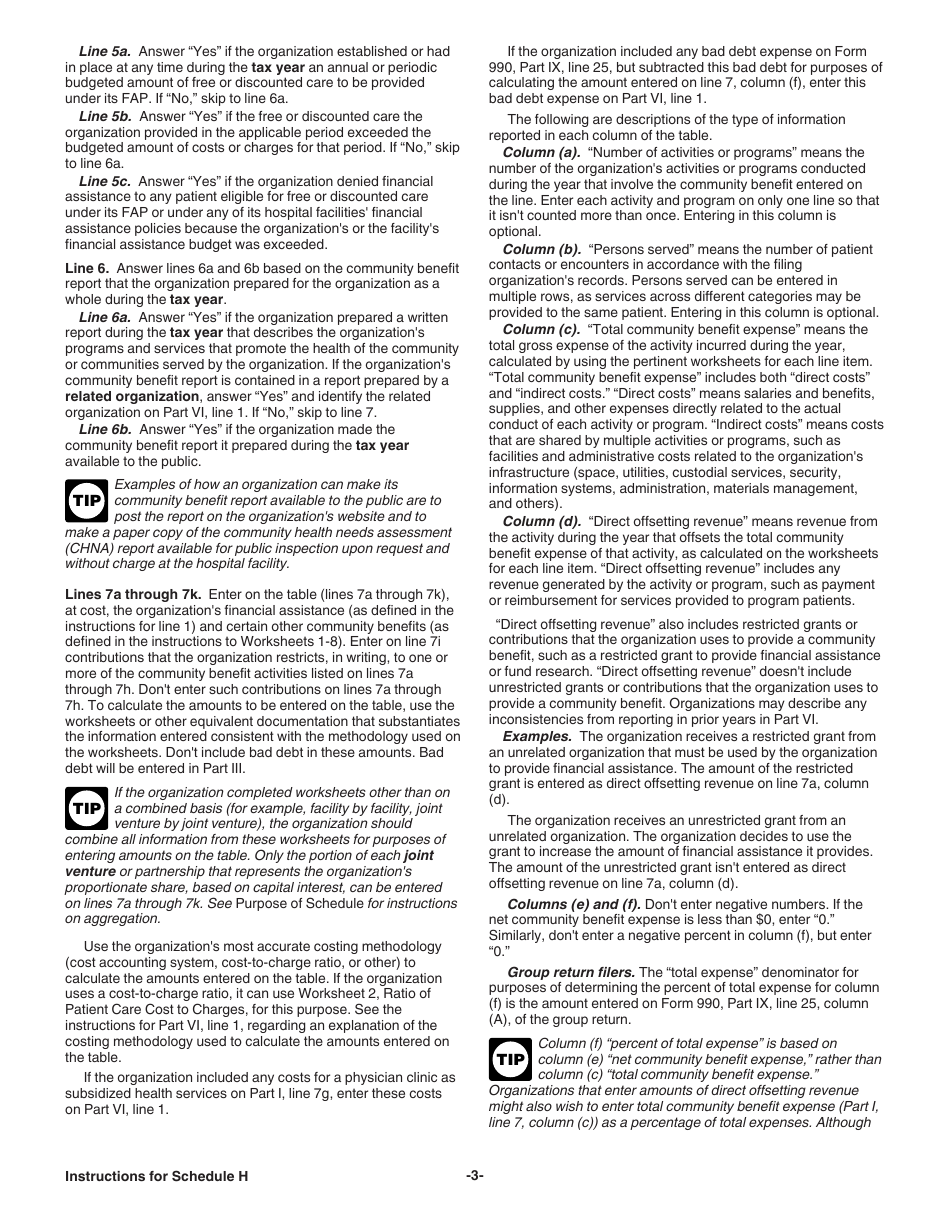Instructions for IRS Form 990 Schedule H Hospitals, Page 3