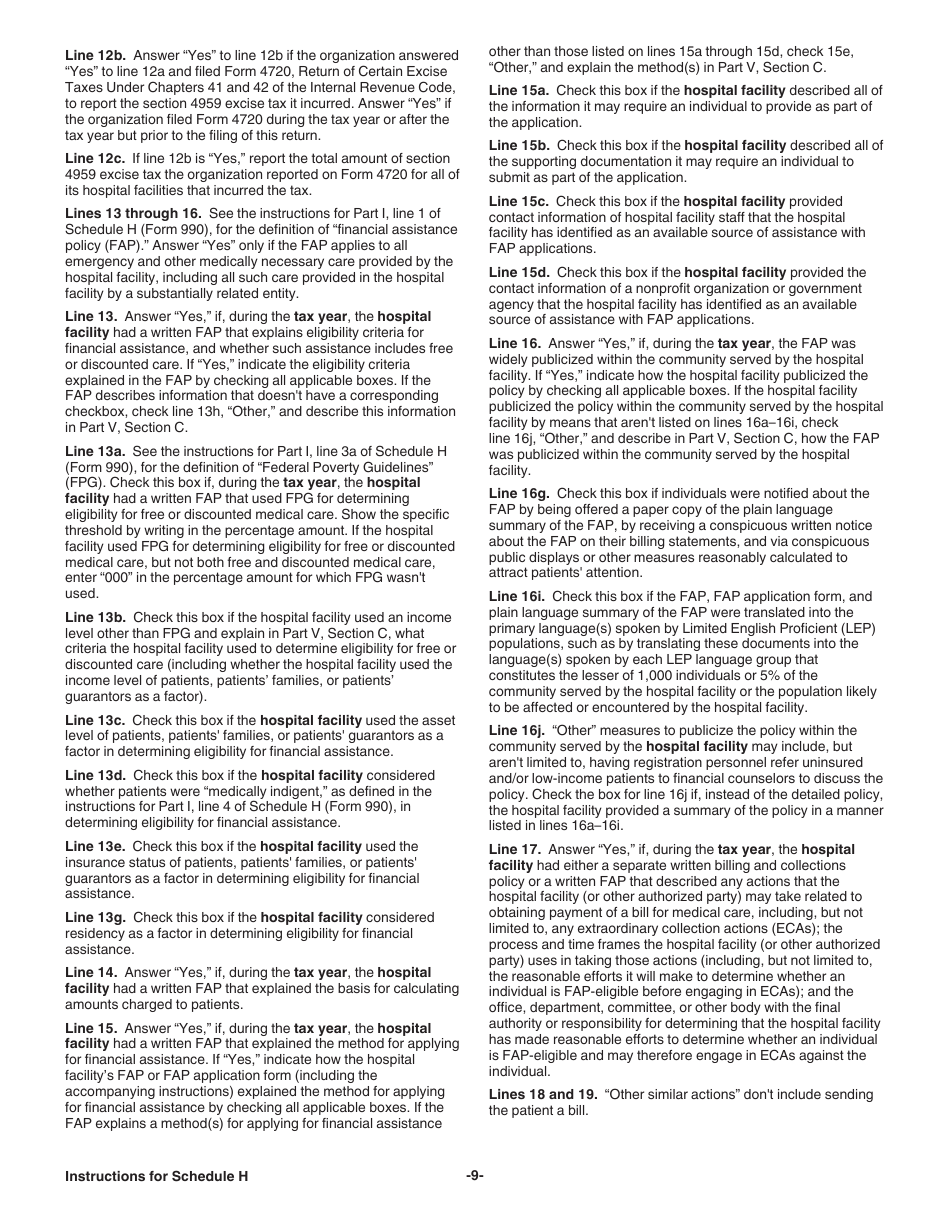 Instructions for IRS Form 990 Schedule H Hospitals, Page 9