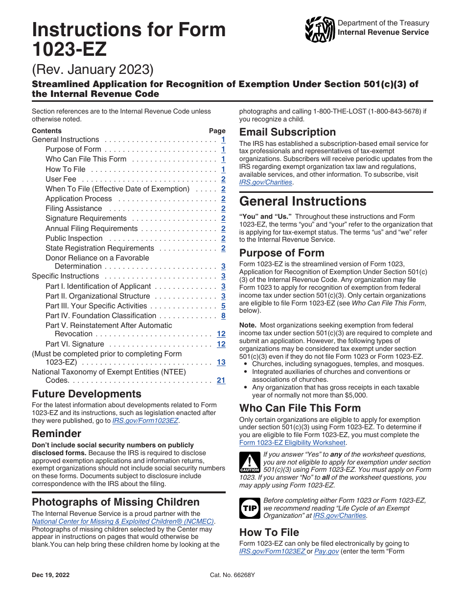 Instructions for IRS Form 1023-EZ Streamlined Application for Recognition of Exemption Under Section 501(C)(3) of the Internal Revenue Code, Page 1