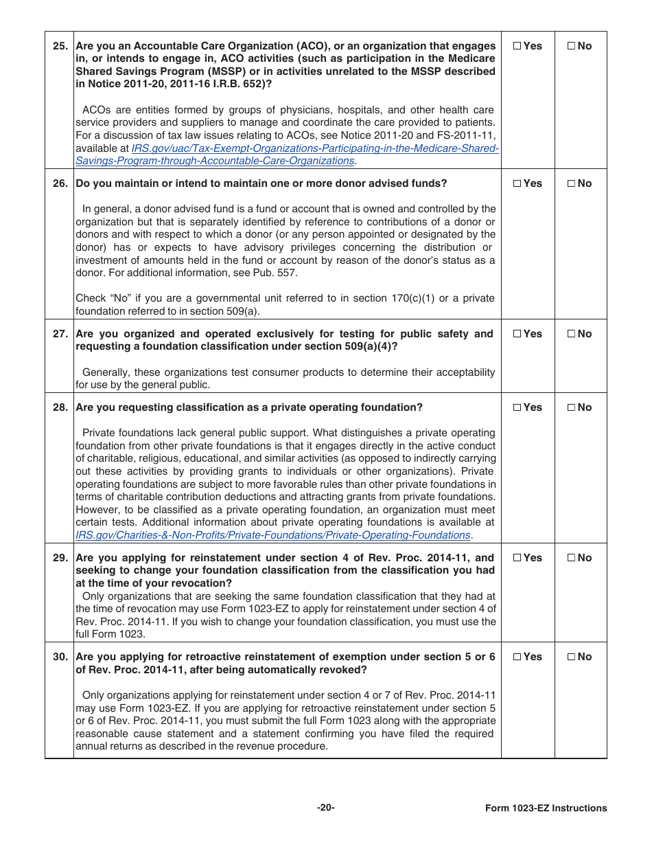 Instructions for IRS Form 1023-EZ Streamlined Application for Recognition of Exemption Under Section 501(C)(3) of the Internal Revenue Code, Page 20