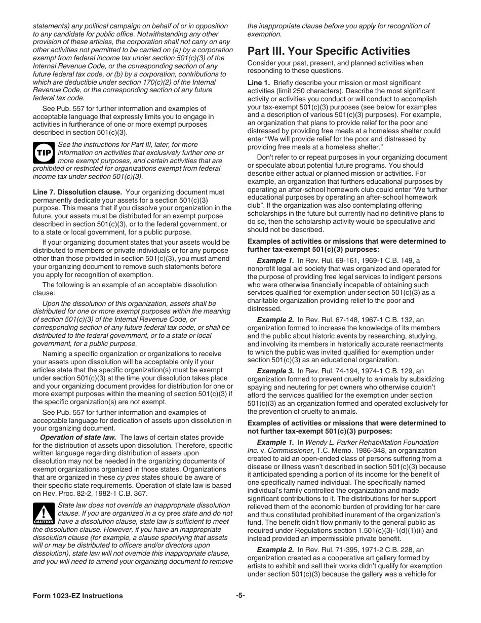 Instructions for IRS Form 1023-EZ Streamlined Application for Recognition of Exemption Under Section 501(C)(3) of the Internal Revenue Code, Page 5