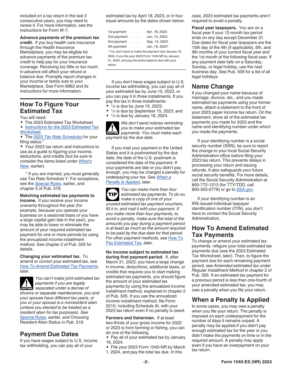 IRS Form 1040-ES (NR) U.S. Estimated Tax for Nonresident Alien Individuals, Page 2