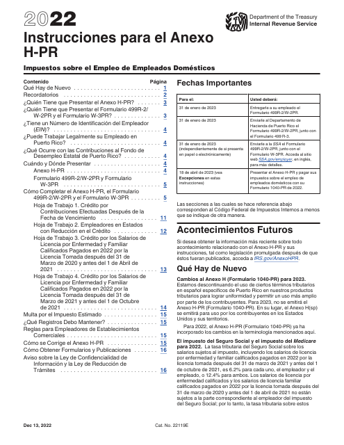 IRS Formulario 1040-PR Anexo H-PR 2022 Printable Pdf