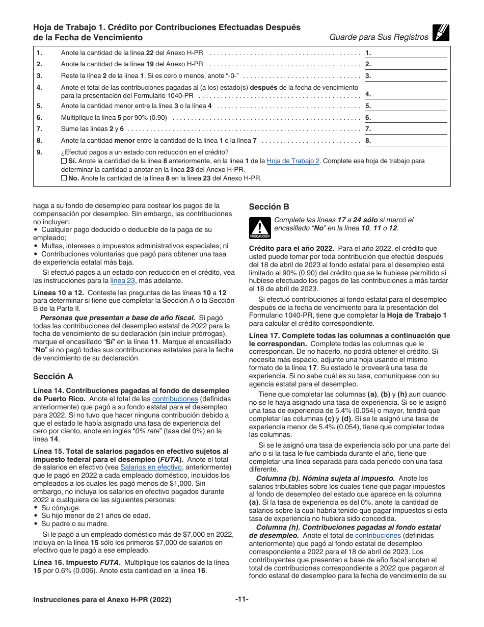 Instrucciones para IRS Formulario 1040-PR Anexo H-PR Impuestos Sobre El Empleo De Empleados Domesticos (Puerto Rican Spanish), Page 11