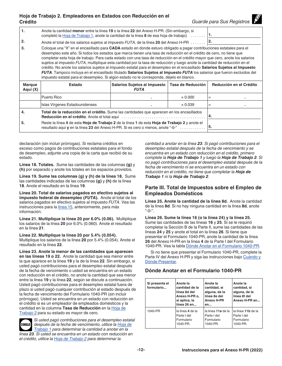 Instrucciones para IRS Formulario 1040-PR Anexo H-PR Impuestos Sobre El Empleo De Empleados Domesticos (Puerto Rican Spanish), Page 12