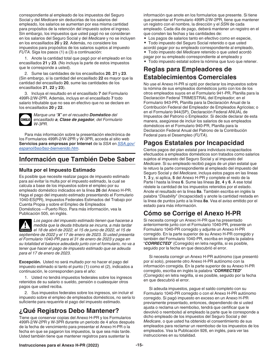 Instrucciones para IRS Formulario 1040-PR Anexo H-PR Impuestos Sobre El Empleo De Empleados Domesticos (Puerto Rican Spanish), Page 15