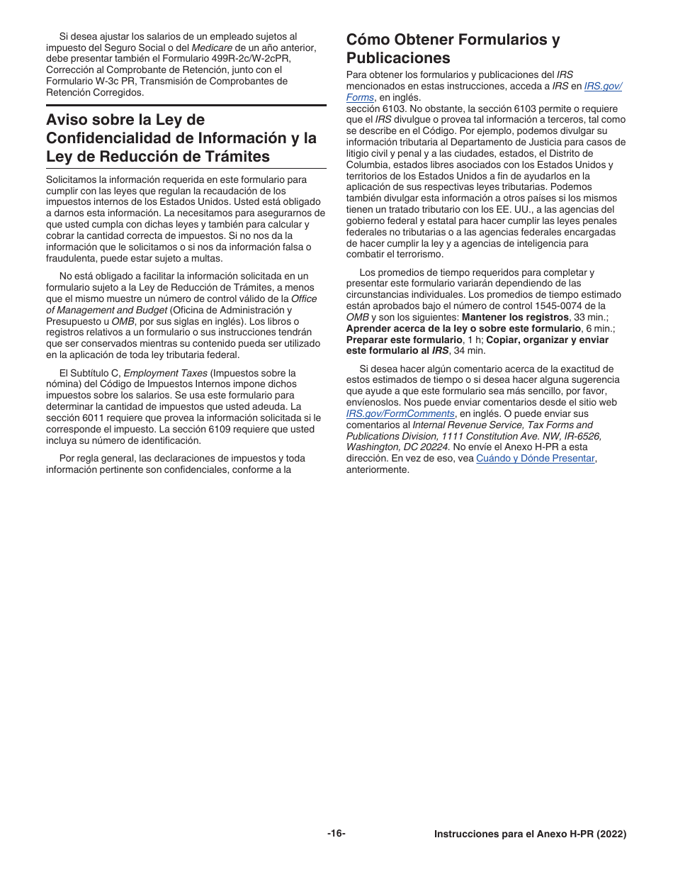 Instrucciones para IRS Formulario 1040-PR Anexo H-PR Impuestos Sobre El Empleo De Empleados Domesticos (Puerto Rican Spanish), Page 16