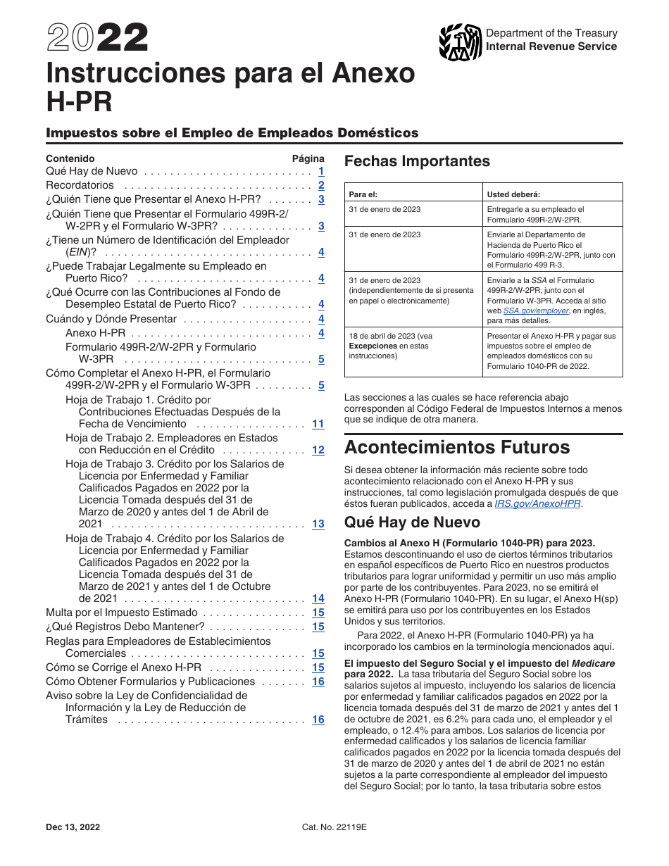 Instrucciones para IRS Formulario 1040-PR Anexo H-PR Impuestos Sobre El Empleo De Empleados Domesticos (Puerto Rican Spanish), Page 1
