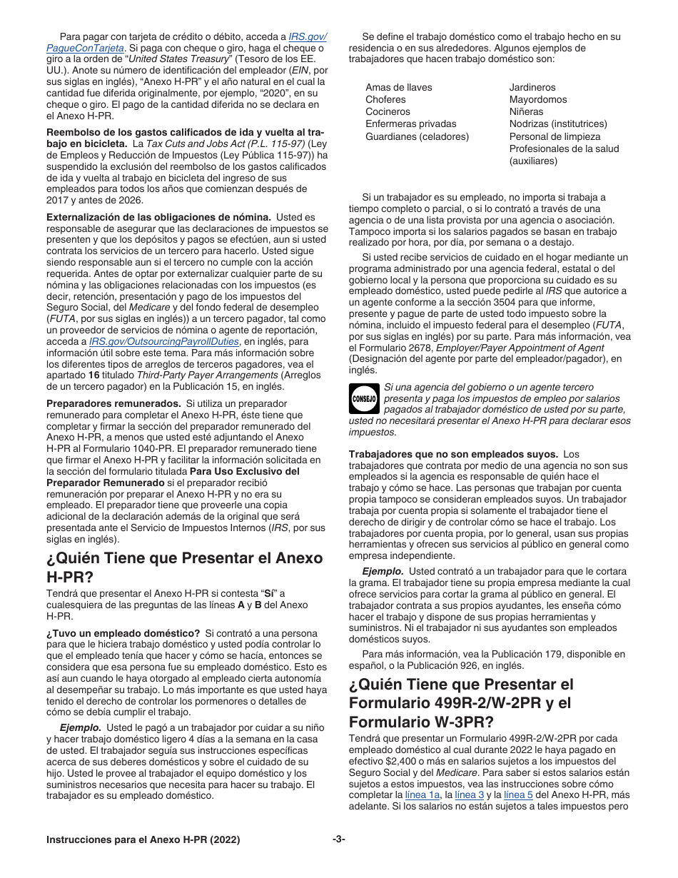 Instrucciones para IRS Formulario 1040-PR Anexo H-PR Impuestos Sobre El Empleo De Empleados Domesticos (Puerto Rican Spanish), Page 3