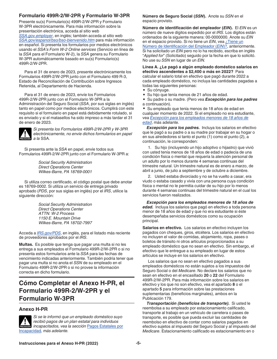 Instrucciones para IRS Formulario 1040-PR Anexo H-PR Impuestos Sobre El Empleo De Empleados Domesticos (Puerto Rican Spanish), Page 5