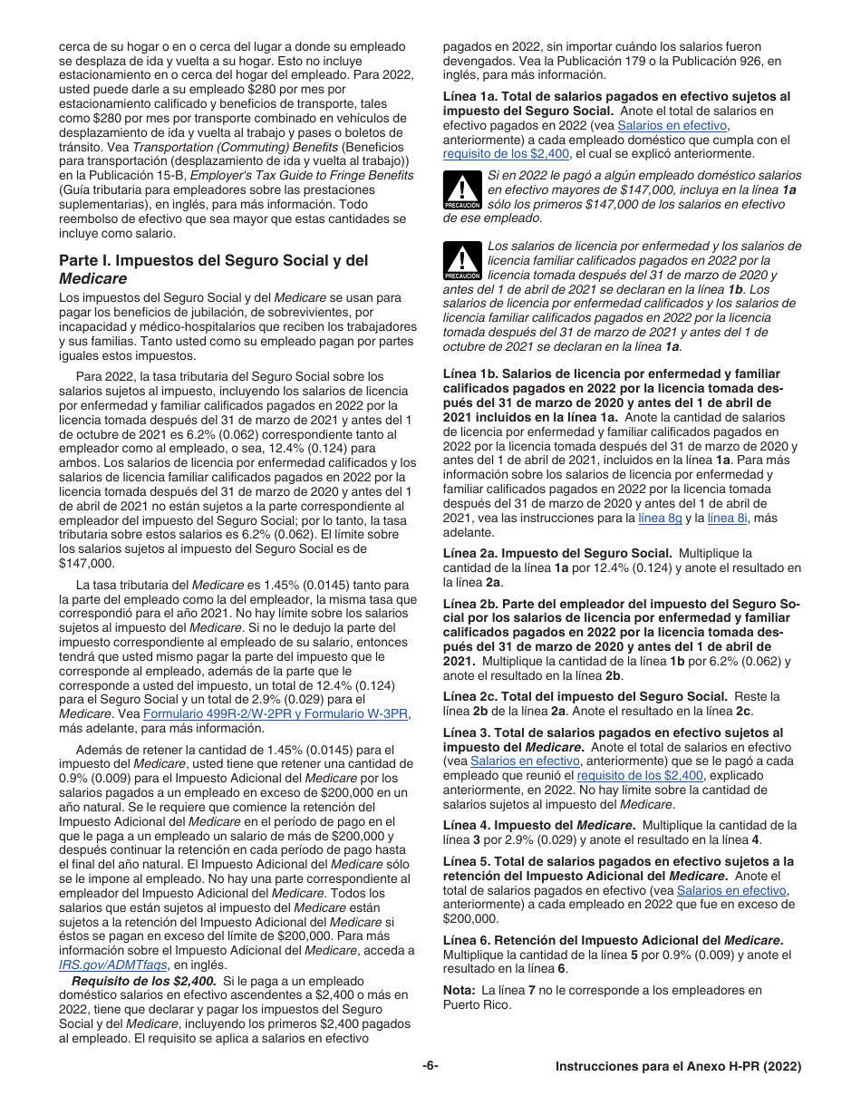 Instrucciones para IRS Formulario 1040-PR Anexo H-PR Impuestos Sobre El Empleo De Empleados Domesticos (Puerto Rican Spanish), Page 6
