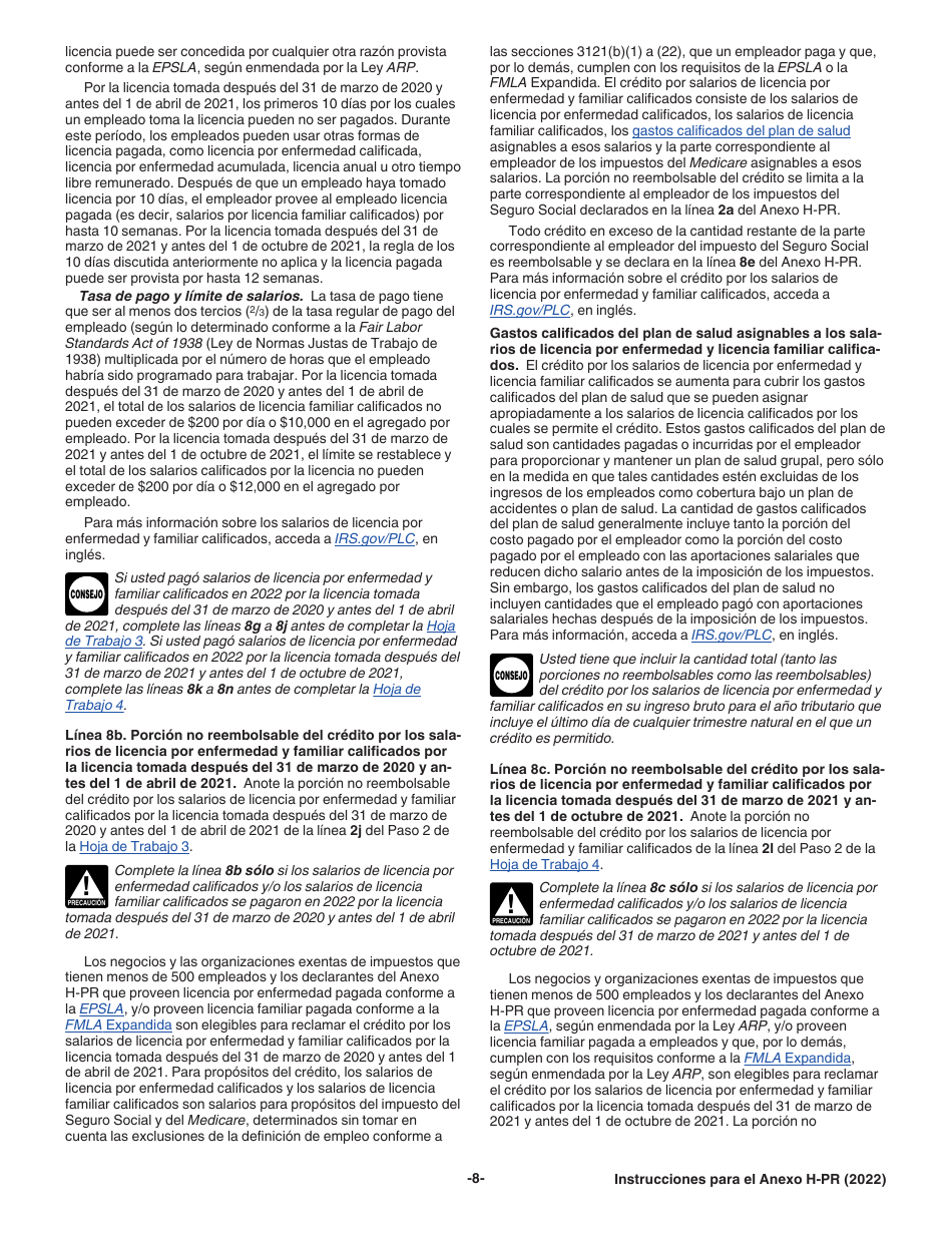 Instrucciones para IRS Formulario 1040-PR Anexo H-PR Impuestos Sobre El Empleo De Empleados Domesticos (Puerto Rican Spanish), Page 8